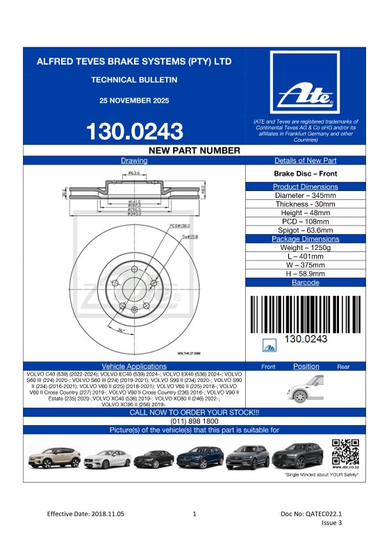 130.0243 NEW! Brake Disc for VOLVO C40, EC40, EX40, S60 III, S90 II, V60 II, V90 II, XC40, XC60 II, XC90 II. featured image